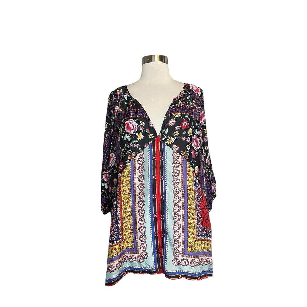 Johnny Was Lookout Electra Tunic Top L Floral Silk Peasant Boho Blouse